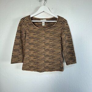 Doncaster Womens Brown & Black Striped Textured Knit 3/4 Sleeve Top Stretch